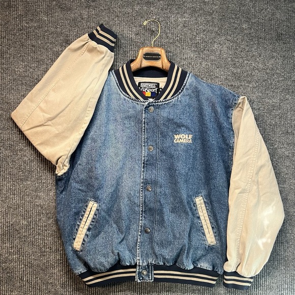 Vintage Hartwell ViaSport Denim Varsity Jacket Size XL Made In Hong Kong 80s - Picture 1 of 9